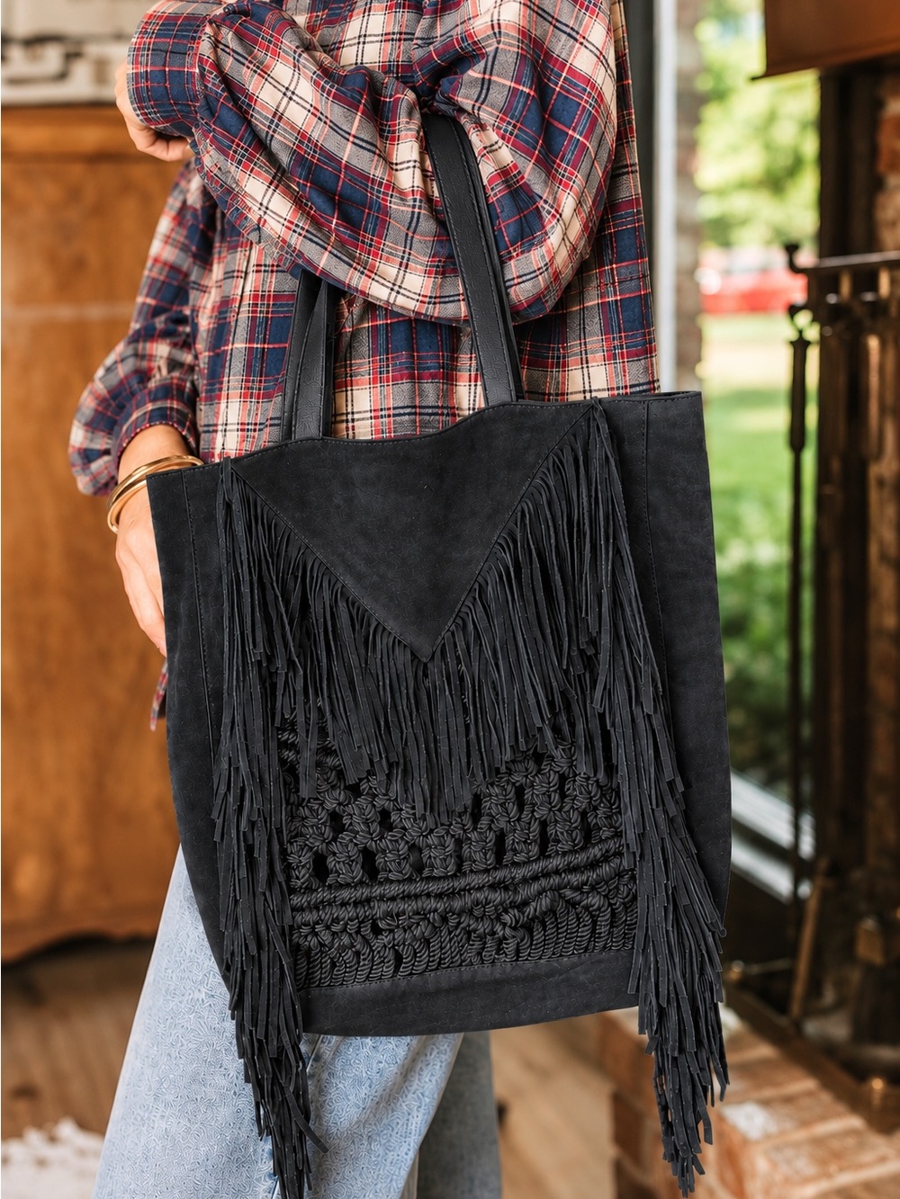 River Island Black Suede Leather Fringe Tote Bag